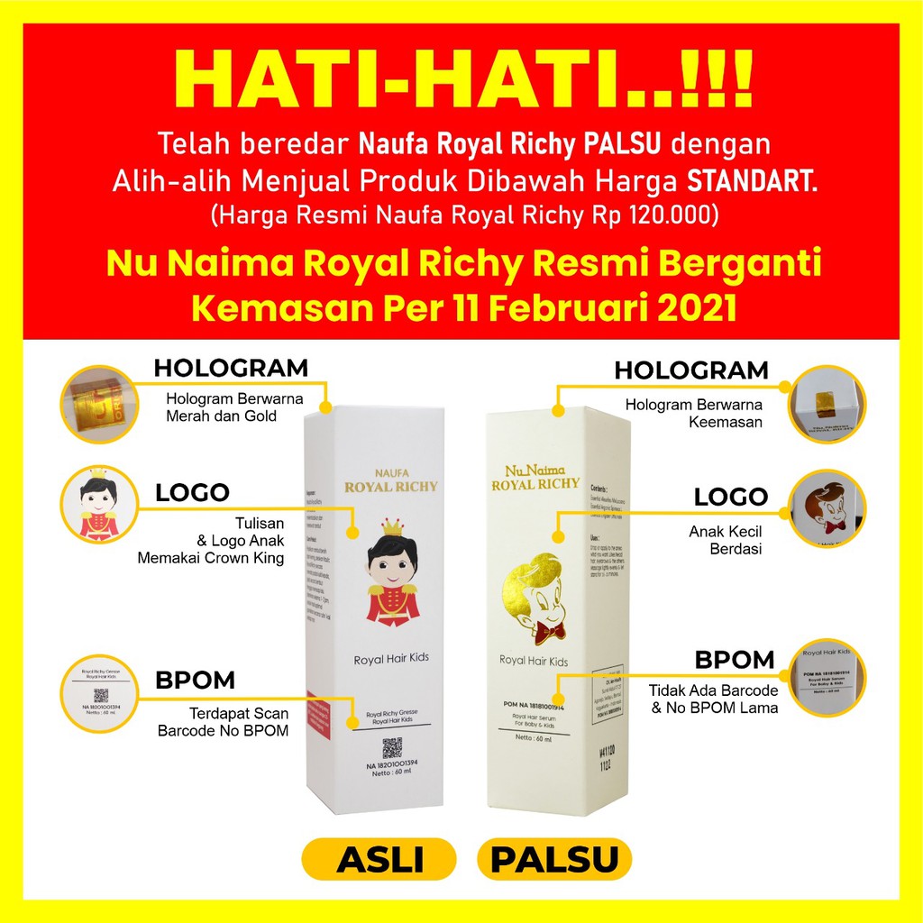 Naufa Royal Richy - Serum Minyak Kemiri Cegah Rontok Penumbuh Pelebat Penghitam Pelembab Rambut Alis Rontok Bayi &amp; Anak Original Isi 60ml