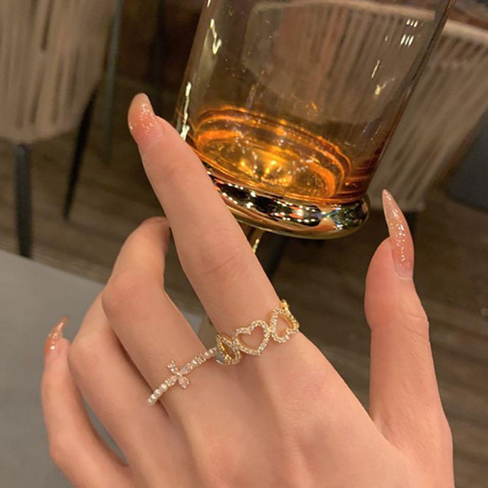 Mxbeauty Wanita Cincin Janji Manis INS Pesta Pernikahan Berlubang Perhiasan Hadiah Jari Telunjuk Cincin Zirkon Gaya Korea