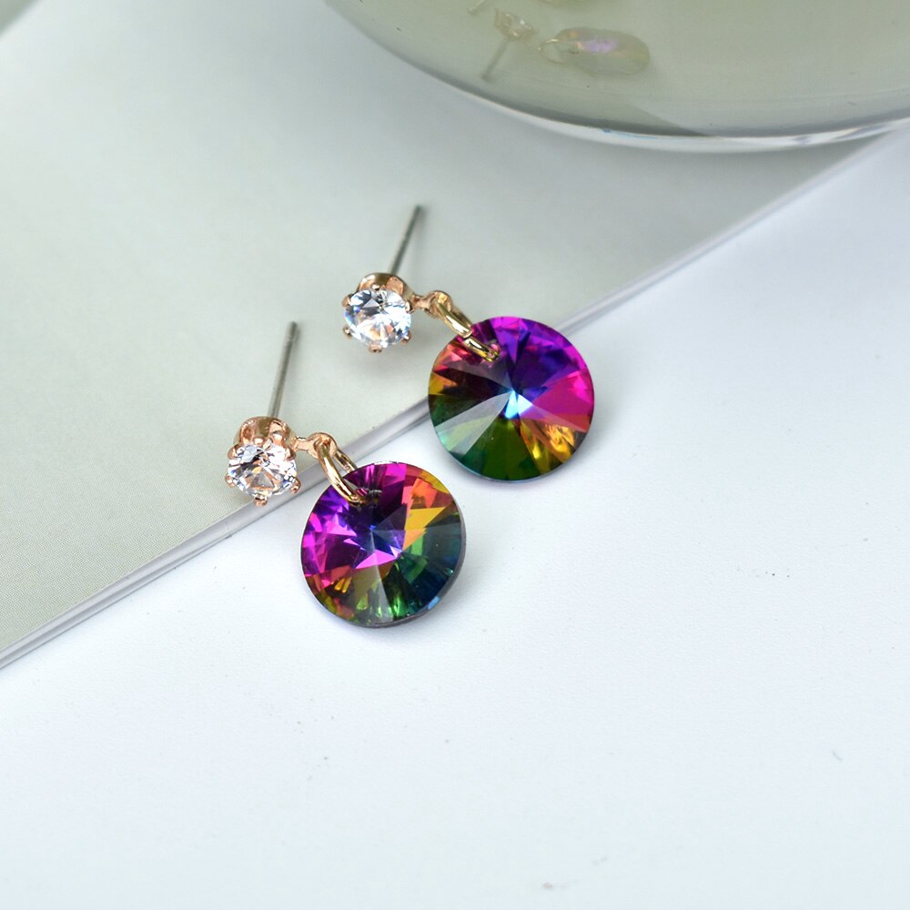 Anting Stud Bentuk Bulat Geometris Aksen Kristal Warna-Warni Untuk Wanita