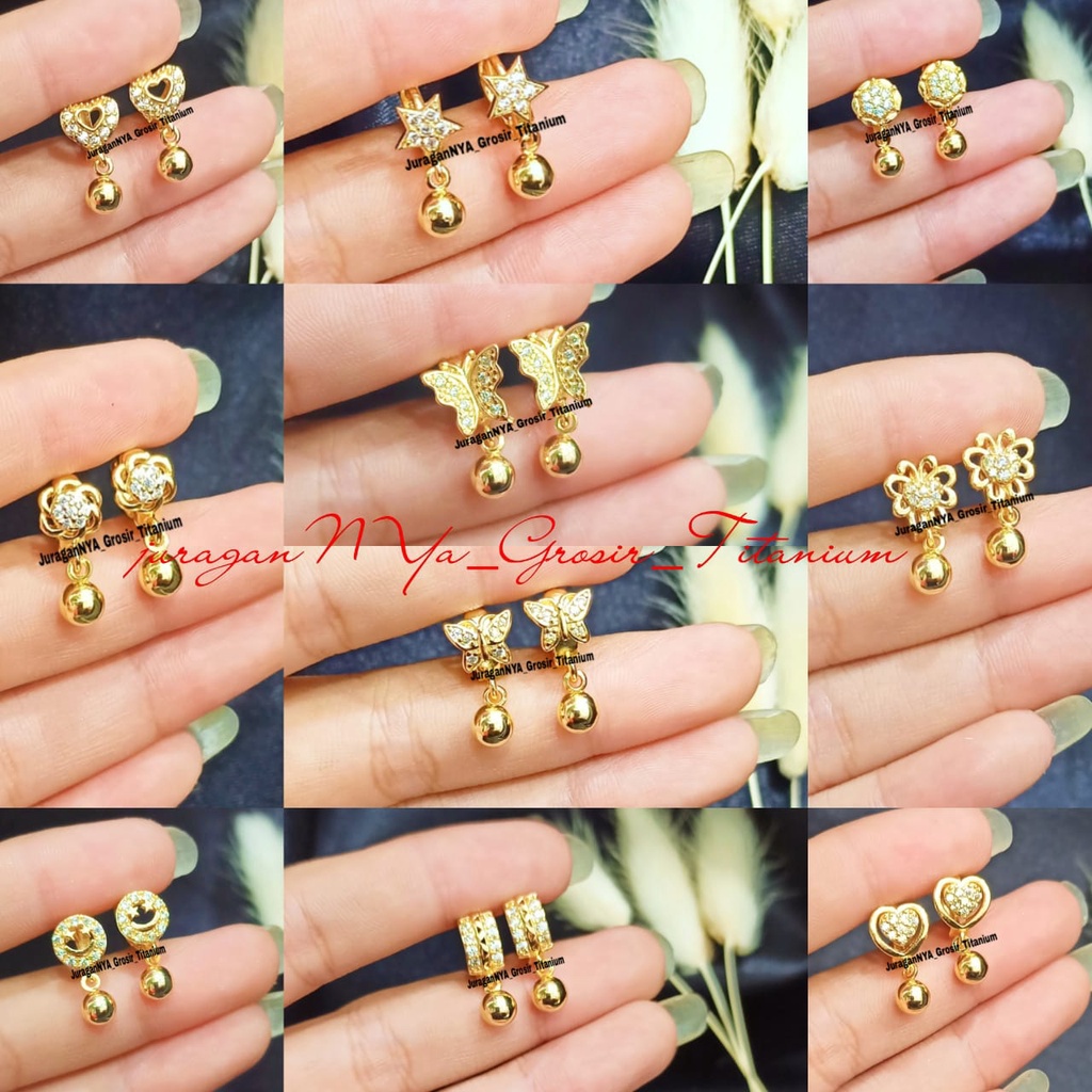 Anting TITANIUM Jepit anak variasi motif permata simple dan elegan Gold,tidak karat *COD*