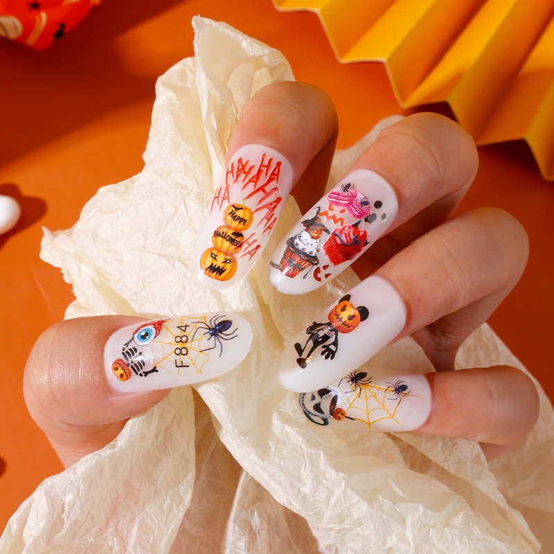 Stiker Kuku 3D Motif Kartun Hantu Labu Tengkorak Halloween Untuk Dekorasi Nail Art