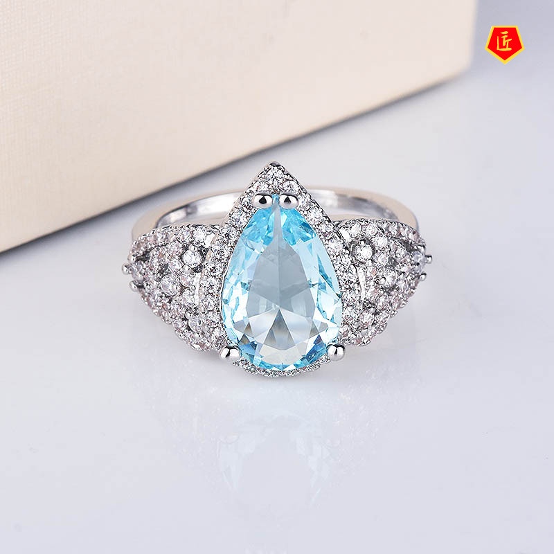 [Ready Stock]Micro-Inlaid Diamond Blue Gem Ring