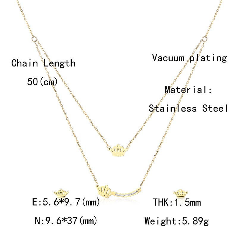 Stainless steel crown double-layer kalung wanita modis sederhana berlian set Anting Kalung liontin o