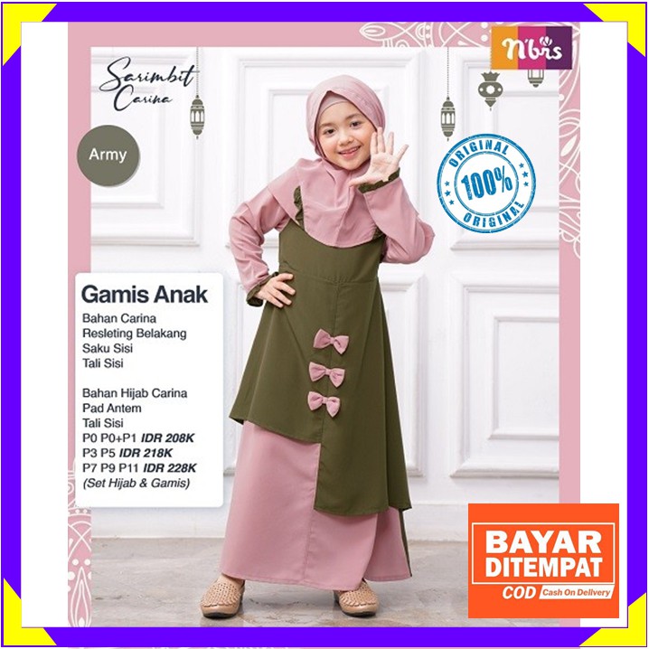 Baju Gamis Anak Perempuan Carina Army Nibras Set Setelan Jilbab Terbaru 2021 Umur 3-4 Tahun Th Ori