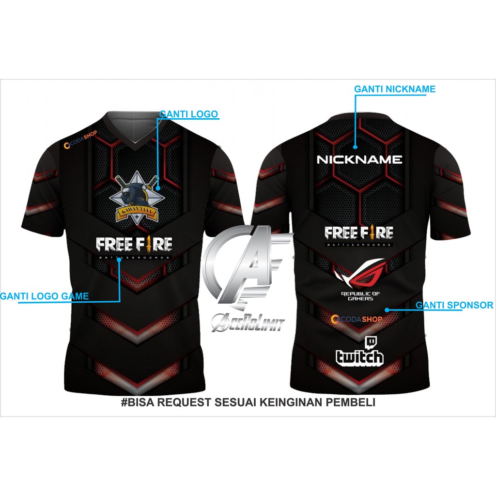 BAJU KAOS JERSEY GAMING FREE FIRE / GUILD FREE FIRE BISA GANTI NICKNAME DAN LOGO