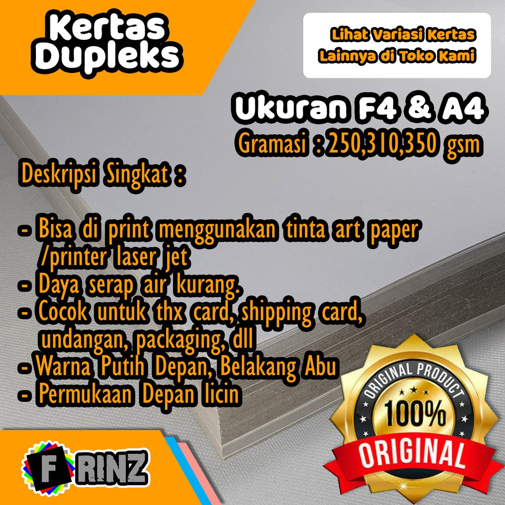 

Kertas Dupleks F4 A4 / Karton Duplex / Karton Packing / Duplek High Quality 250 310 350 400 450 500 Gsm