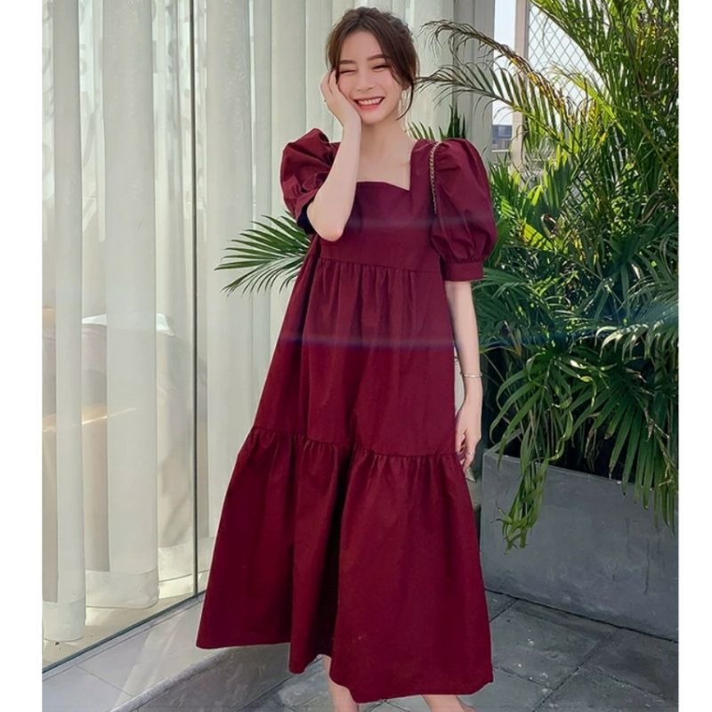 00370 Baju mdii gaun dress pesta maroon Lilac hitam  polos Korean style cewek import baju mididress 