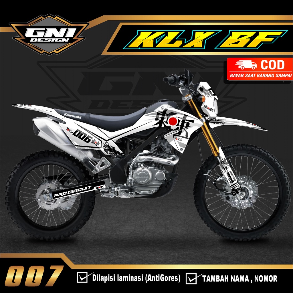 (BISA COD) Decal Sticker Motor Cross KLX 150 BF Fullbody Supermoto - Stiker KLX BF / G /Extreme Custom Terbaru , Nama Warna Hitam, Putih, Biru, Merah, Putih - Terlaris Desain TOKYO JAPAN Simpel Keren - G.07 Sudah Dilapisi Anti Gores Tahan Lama