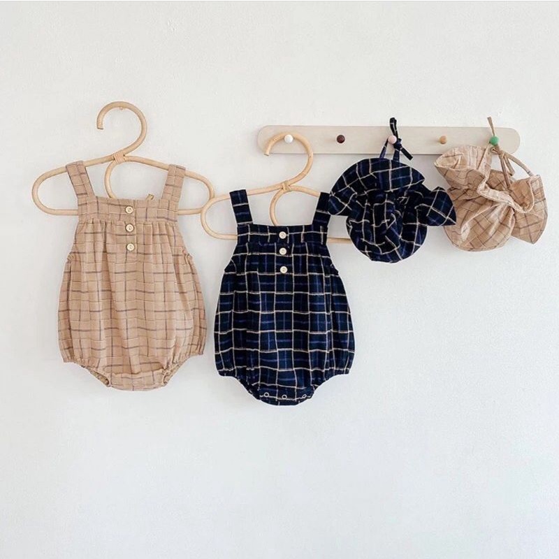 Romper anak/bayi perempuan lengan kutung motif kotak-kotak import (include hat)-2