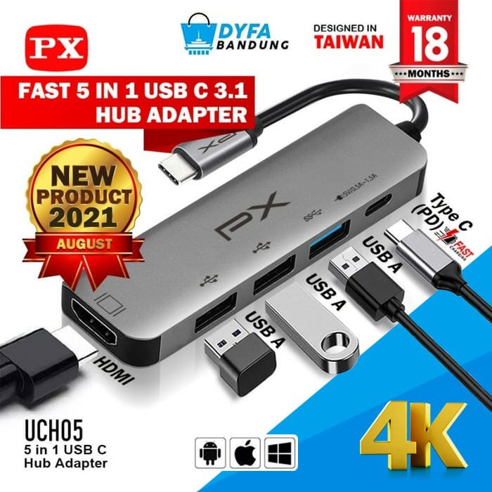 Type C to HDMI Hub Converter Multiport 5 in 1 USB 3.0 4K HDMI PX UCH05