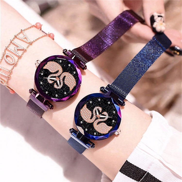 Jam Tangan Wanita Korea Strap Magnet Angsa Double/Jam Tangan Magnet Angsa Swarosvsky (2 angsa)