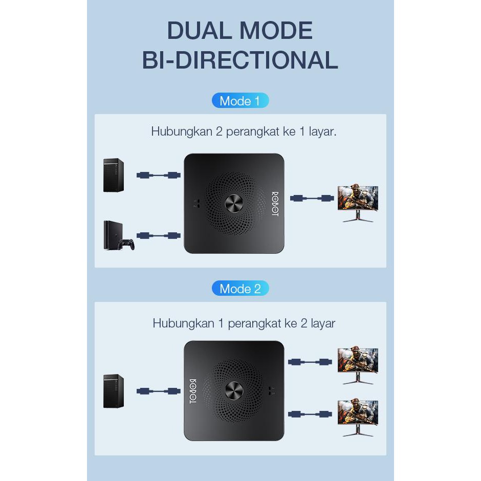 ROBOT HM103 HDMI switch and Splitter 2in 1Out 1in 2Out Bi-Direction 4K LED Indicator Satu Tombol Swi