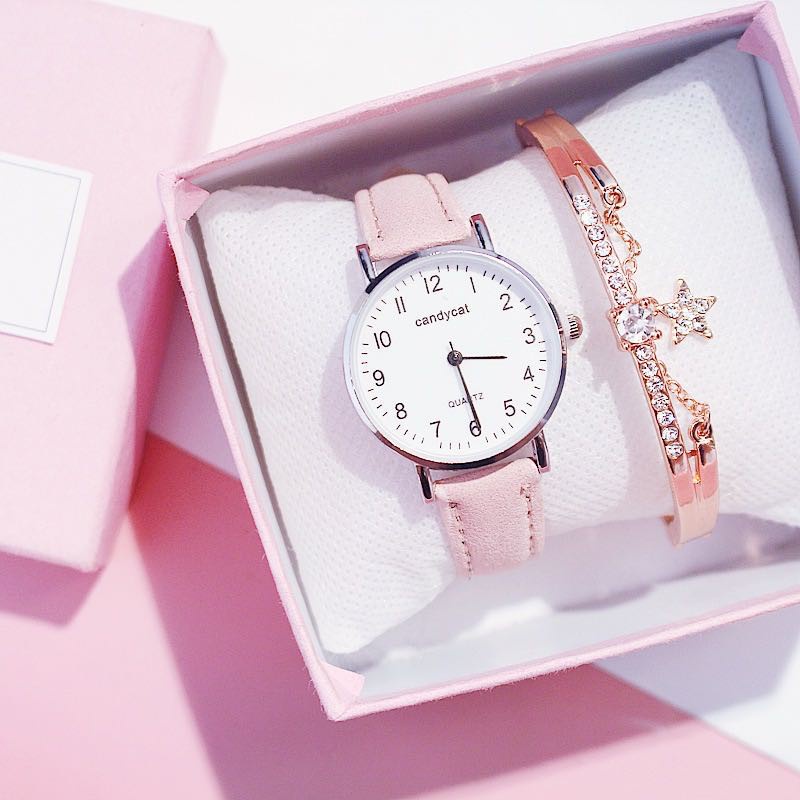 [COD] Jam Tangan Import Gaya Korea Jam Tangan Quartz Analog Casual Gaya Retro Wanita Korea Strap PU Cantik-Candy cat pink