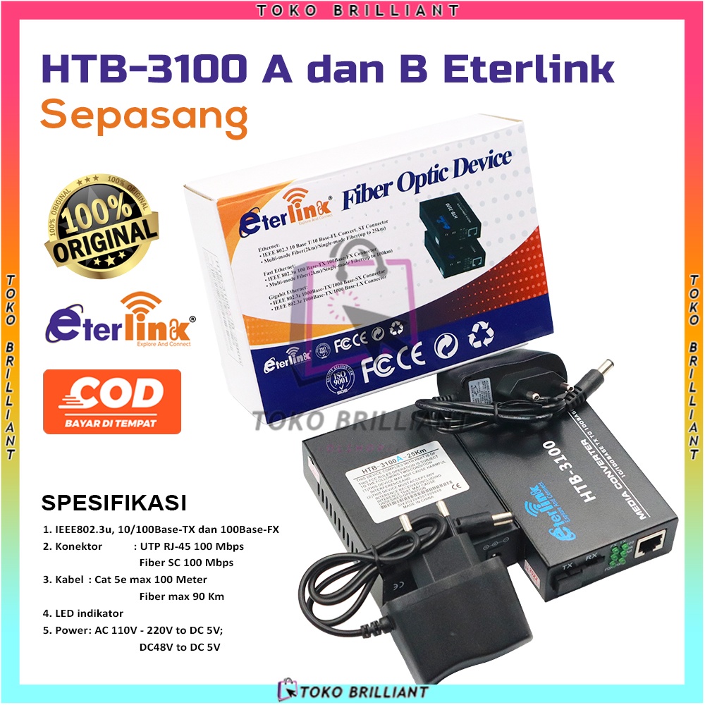 HTB-3100 Media Konverter Fiber Optik Single Mode dengan 5V 2A EU adaptor [Bayar ditempat]