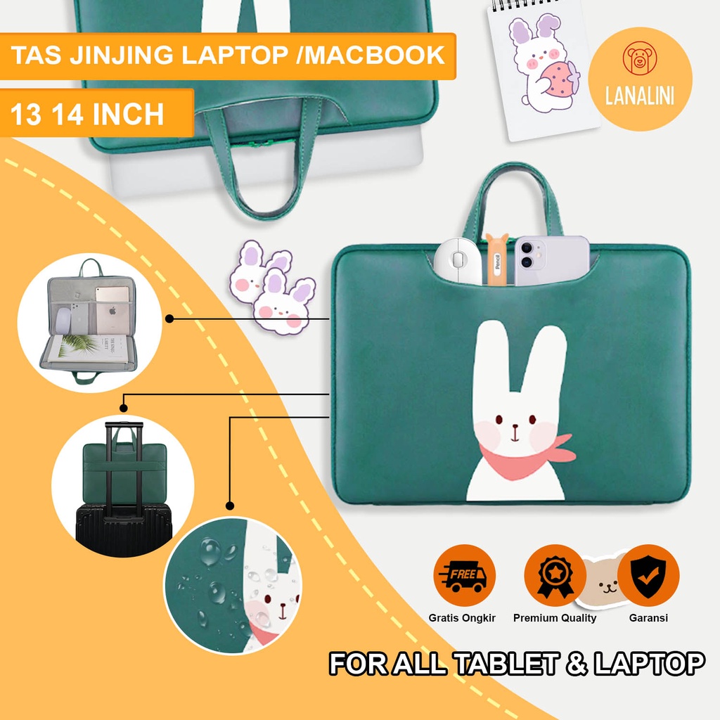 Sleeve Pouch Sarung Tas Bag Case Ipad Tab Tablet Macbook Air Pro Laptop Asus Acer Lenovo HP Huawei 11 12 13 14 15 inch Motif Gambar Rabbit Kelinci Bunny Warna Hijau Lucu Cute Murah Korean Model Jinjing Tali Strap