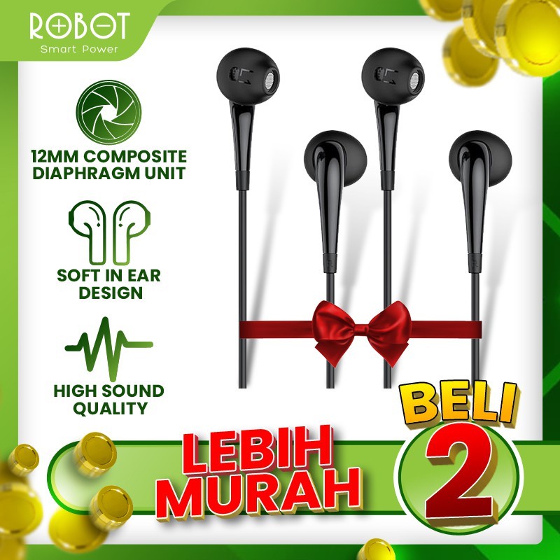 Headset Robot RE701 Wired Headset Wired Earphone Bass Android iPhone Original - Garansi 1 Tahun-RE701 Black 2 Pcs