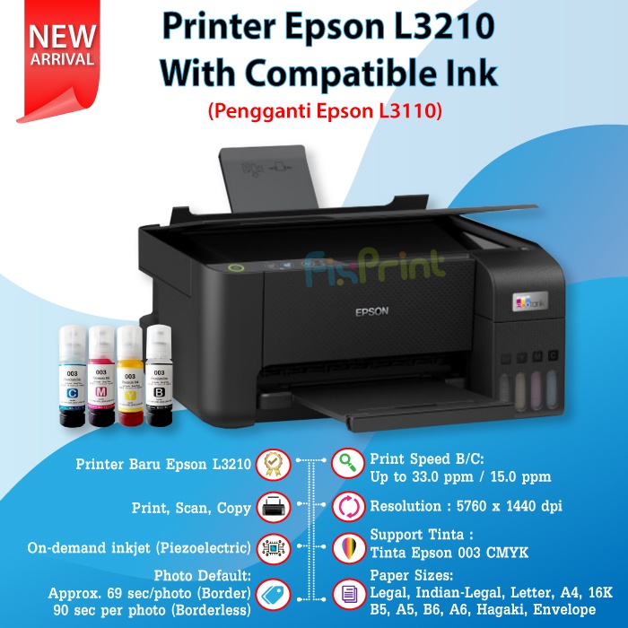 Printer Epson EcoTank L3210 All-in-One (Print - Scan - Copy) New, Pengganti Epson L3110 Multifungsi Print Photo Warna Foto Original