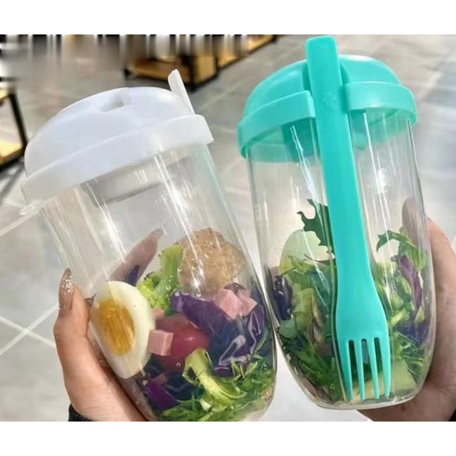 KOTAK MAKAN SALAD Tempat Salad 1L Transparan Reusable Box Salad Pakai Dengan Garpu dan Tutup Food Container Pakai Ulang Box Salad Kue Puding Anti Tumpah