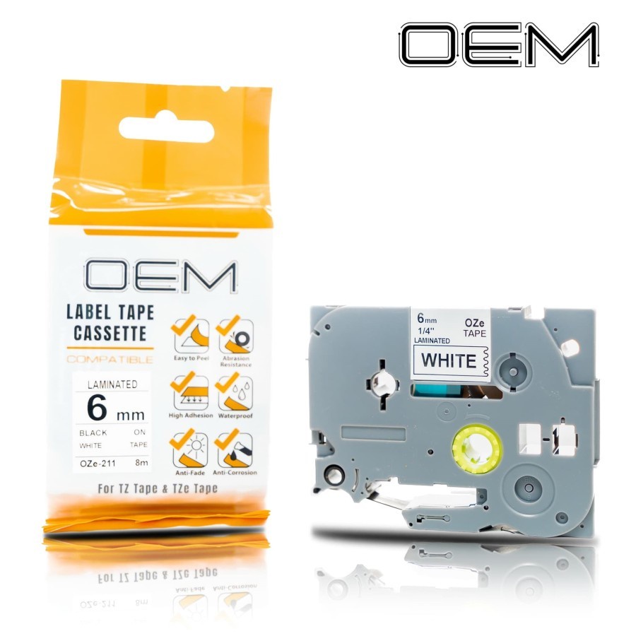 

OZe-211 OEM LABEL TAPE BROTHER 6mm Black On White