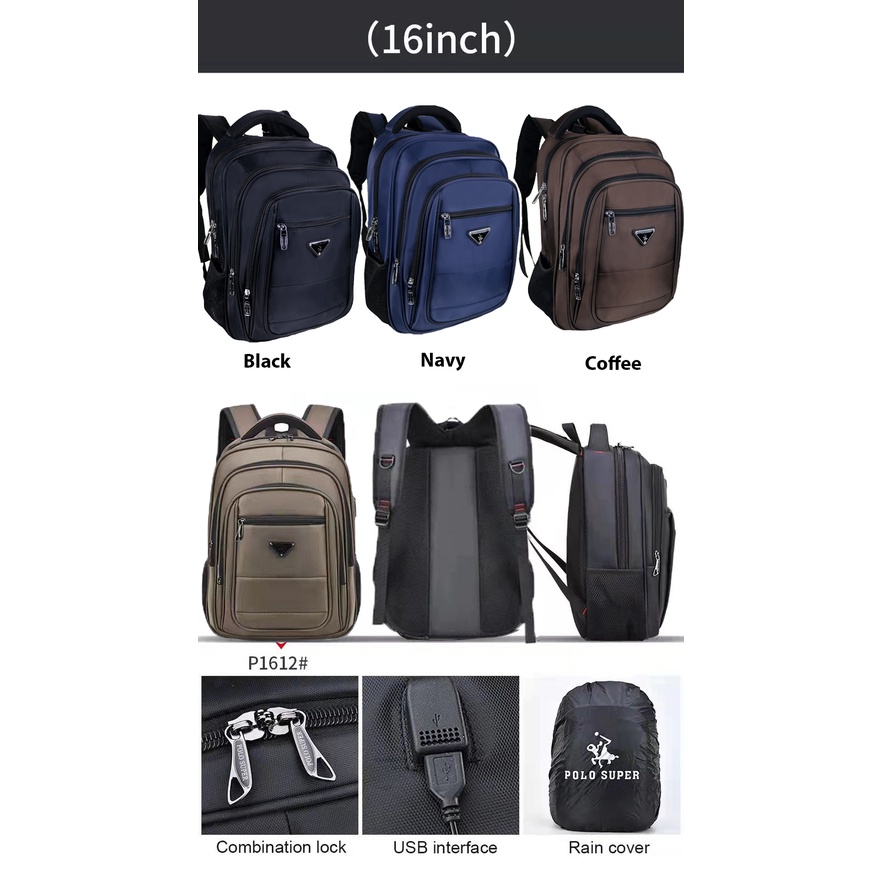 Polo Super - Tas Pria Ransel Laptop 16 inc Backpack Polo Original Import Tas Sekolah SMP-SMA Tas Kuliah Trendy Tas Kantoran Casual