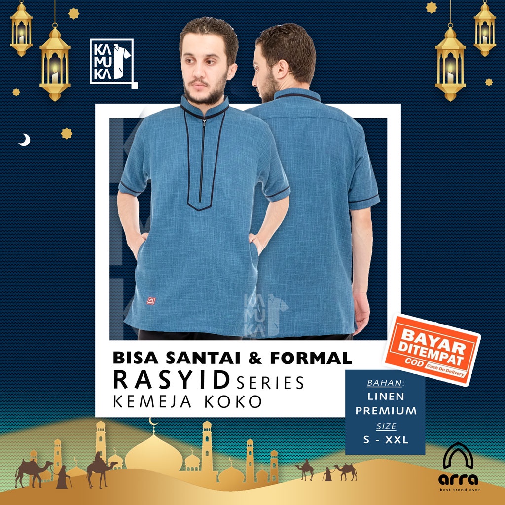 Baju Koko Sleting Depan Pria Dewasa Resleting Lengan Pendek Rasyid Arra