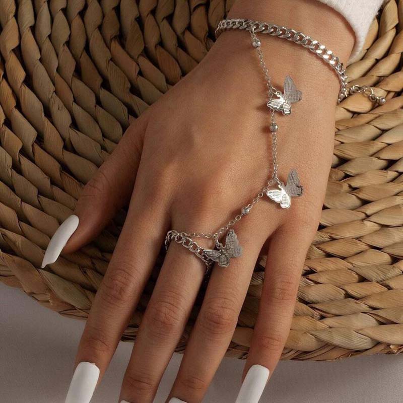 YEEZII Set Gelang Cincin Rantai Liontin Butterfly Warna Emas Perak Untuk Wanita