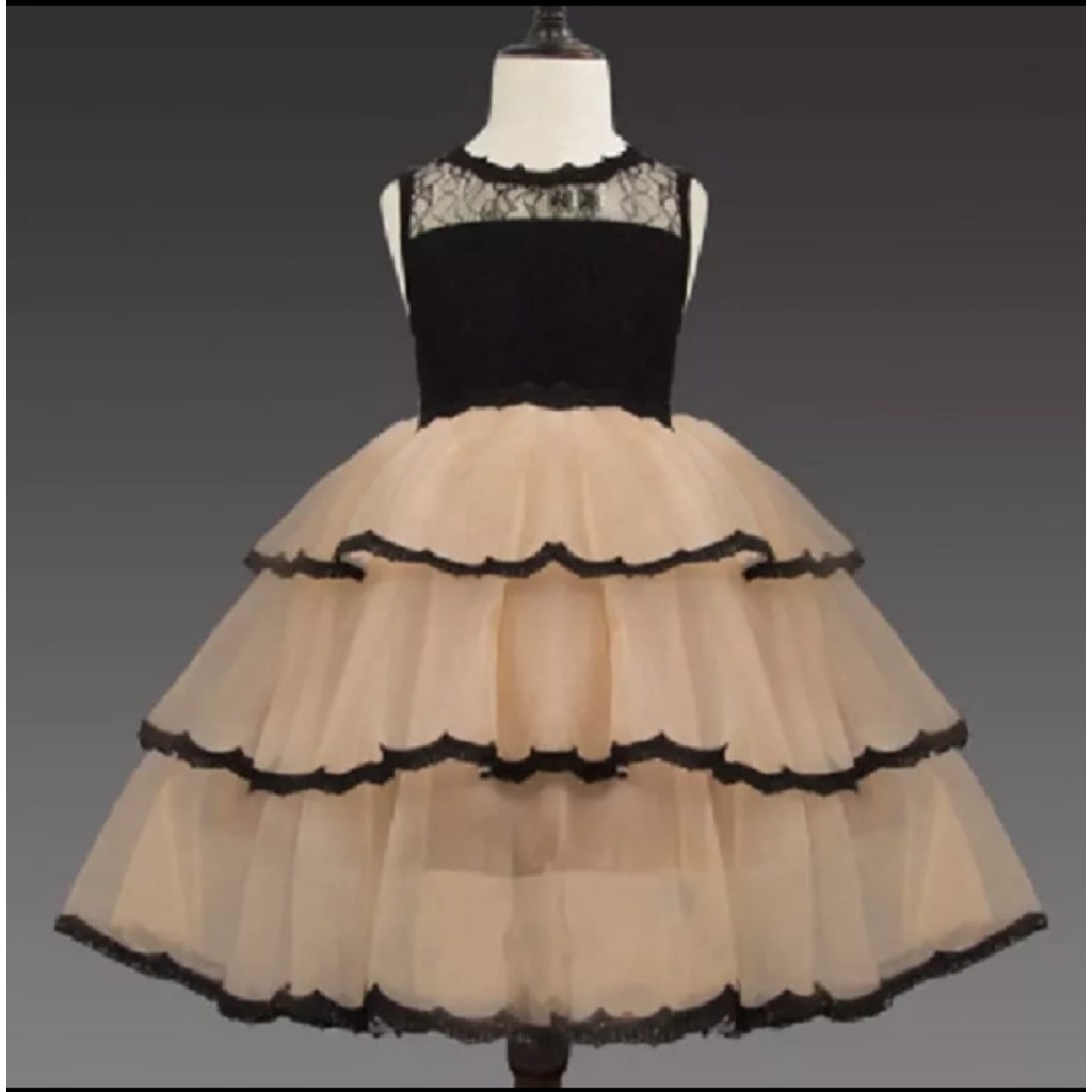 DRESS KIDS RECCA CREAM /IMPOR/ PUTIH / DRESS KACA / DRESS COMBI BRUKAT / LIST LACE HITAM/UMUR 7-10 TH / TERBARU / TERPOPULER