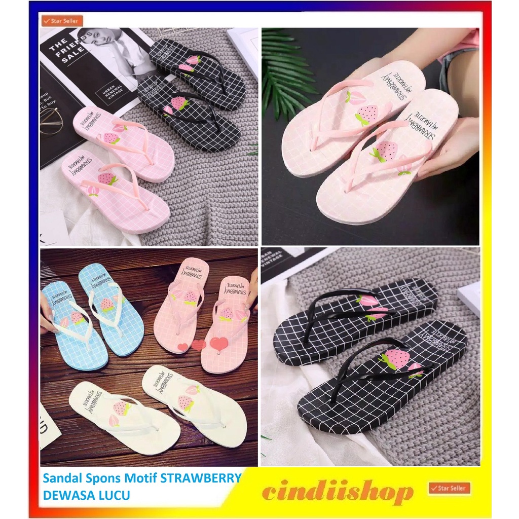 SANDAL Jepit Wanita MOTIF Strawberry Sendal Japit Rumah Spon Cewek Dewasa