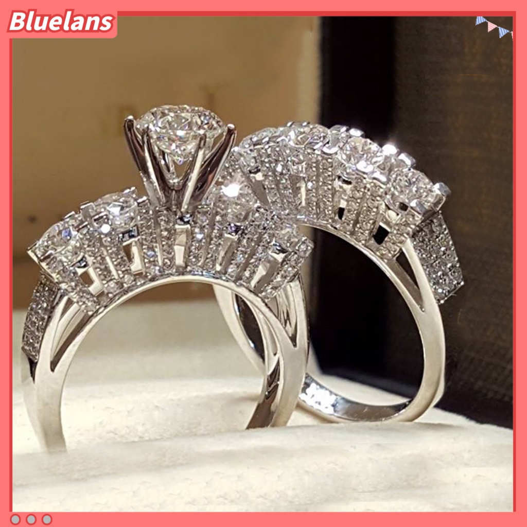 Bluelans 2Pcs Cincin Berlian Imitasi Glossy Untuk Pasangan
