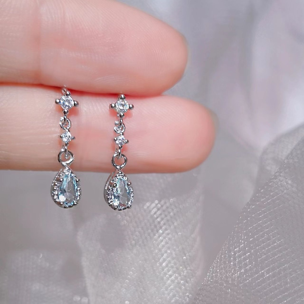 Anting Tusuk Gantung Bahan Sterling Silver 925 Hias Zircon Aquamarine Gaya Koreaelegan Untuk Wanita