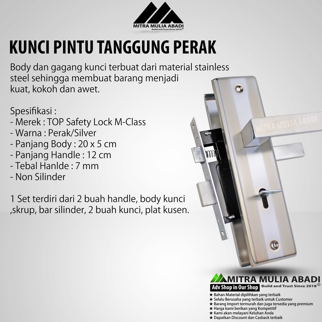 Kunci Pintu Top M-Class Set Komplit Silver | 20CM | Gagang Kotak