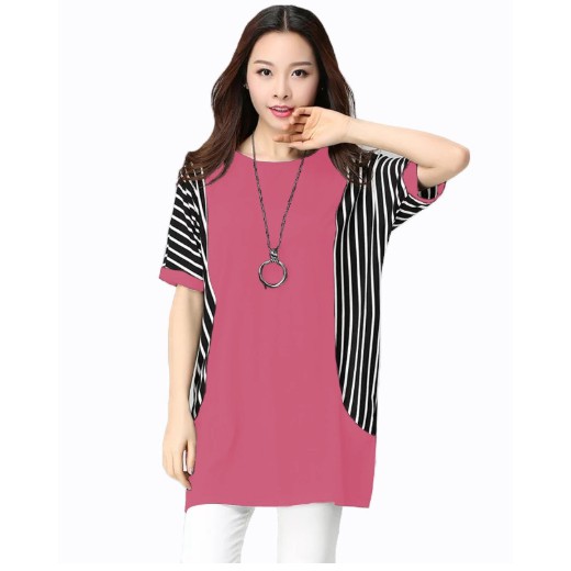 Fifi FASHION Blouse Tangan Pendek Wanita Gaya Korea Kombinasi Salur - Carol