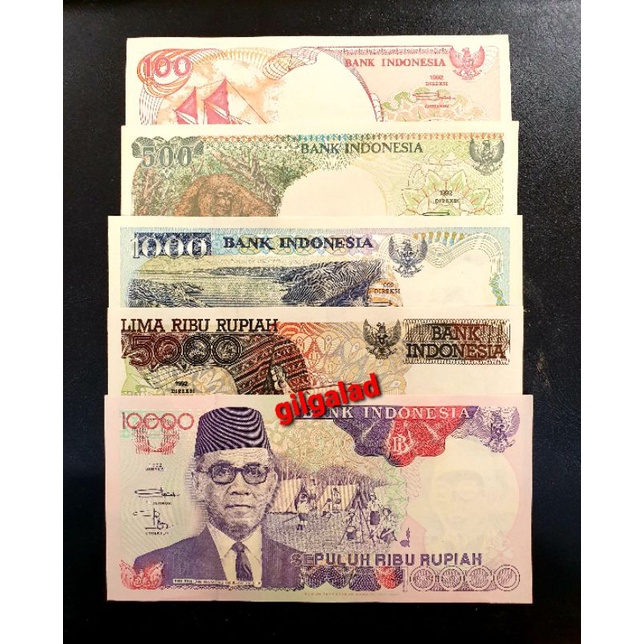 SET 5 LEMBAR UANG KUNO 100-10000 RUPIAH TAHUN 1992 (GRESS/UNC)