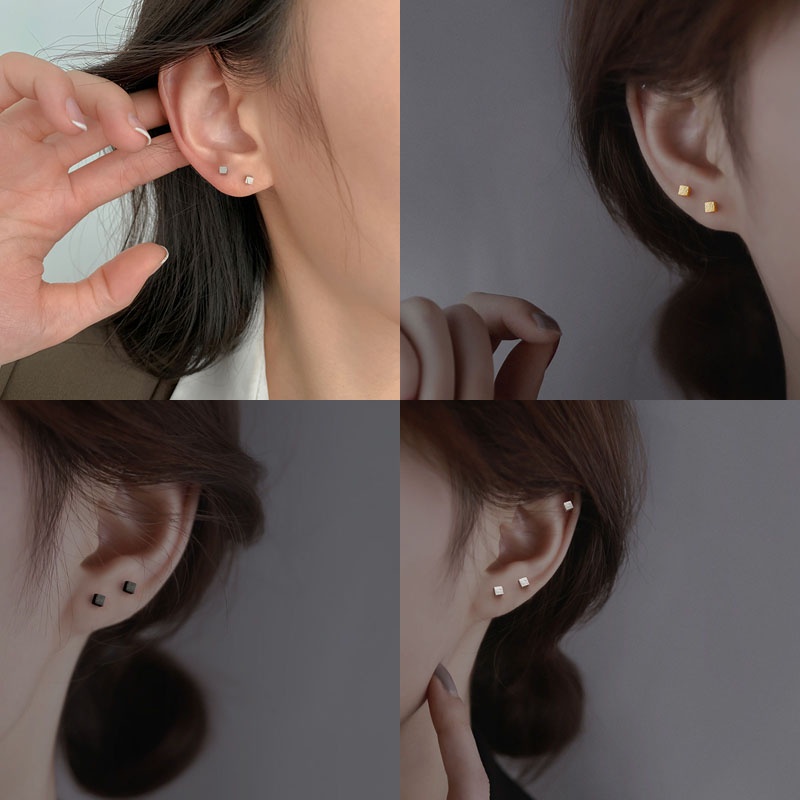 Roselife 1 Pasang Anting Tusuk Gantung Bahan Sterling Silver 925 Desain Kubus + Rumbai Untuk Wanita