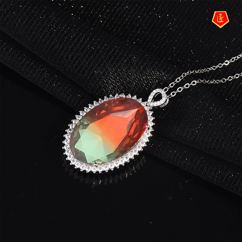 [Ready Stock]Colored Gems Watermelon Tourmaline Pendant Luxury Ruby Necklace for Women