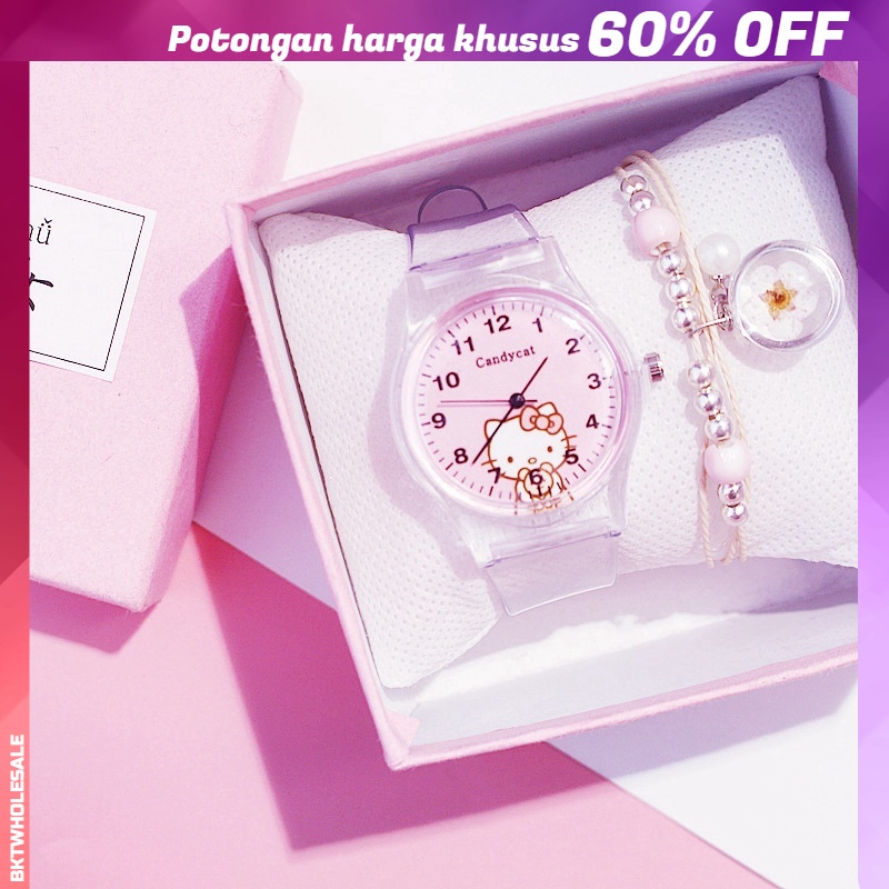 Hello Kitty Jam Tangan Wanita Jelly Rubber Transparant  Bening Karet Jam Tangan Murah