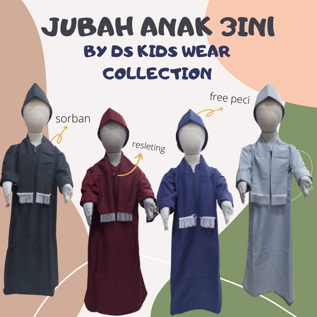 Jubah Anak Model 3in1 (peci jubah warna Full warna) Cm NO 7-12