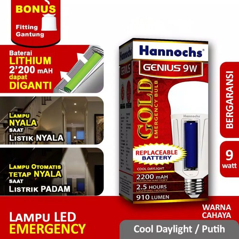 Lampu Emergency Hannoch LED 9 watt Genius AC/DC