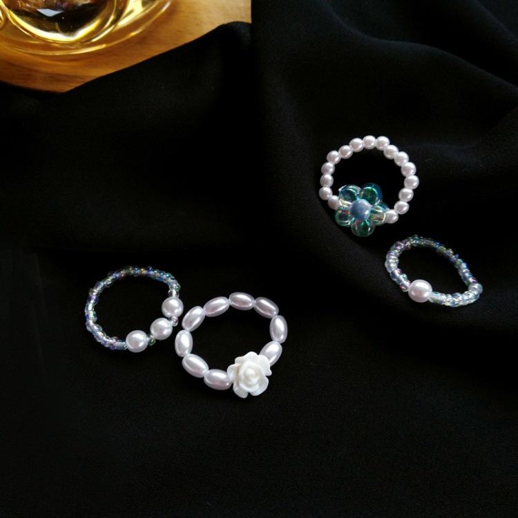 2PCS/Set Lovely Pearl Ring Beaded Elastic White Flower Index Finger Ring