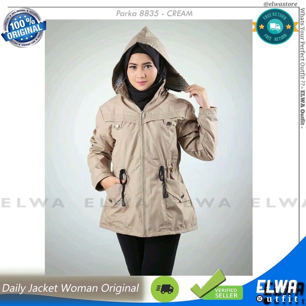 PARKA 8835 CREAM Jaket Parka Long Hoodie Wanita Jaket Harian Cewek Bahan Taslan Parasut