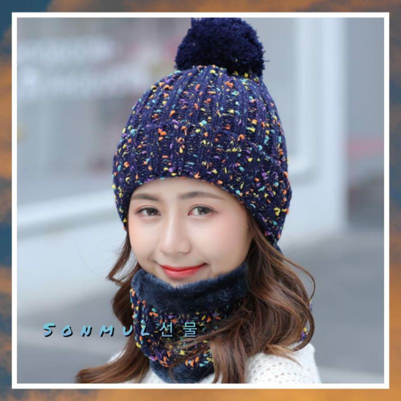 WOMAN WINTER KNIT BEANIE POMPOM + HAT ONE SET IMPORT TOPI KUPLUK + SYAL WANITA RAJUT MUSIM DINGIN