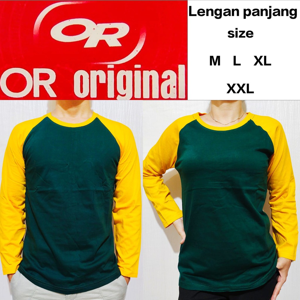 Kaos polos Raglan Hijau botol lengan Kuning panjang M L XL XXL