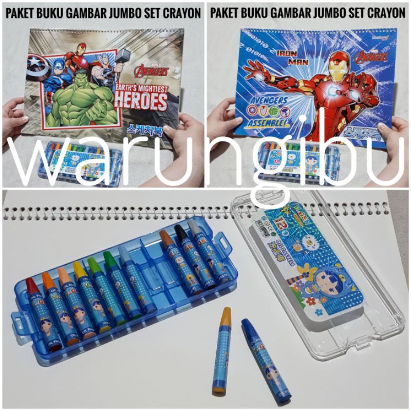 

Paket 2in1 Blank Drawing Book Avengers Superhero Buku Gambar Jumbo Set Crayon