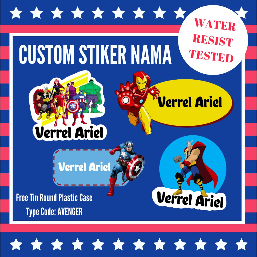 

CUSTOM STIKER NAMA ANTI AIR Variasi AVENGER - Stiker Vinyl - Label Nama - Stiker Nama Anak