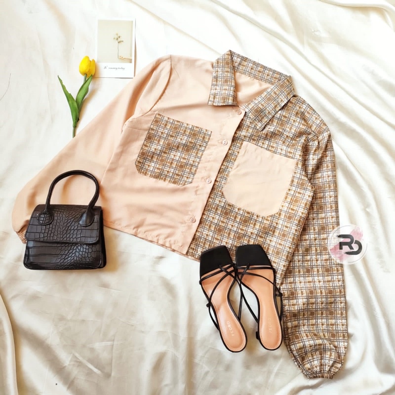 RD FASHION Mika Crop Top / KEMEJA CROP / kemeja TWO TONE / TARTAN KEMEJA CROP / TARTAN CROP-CREM