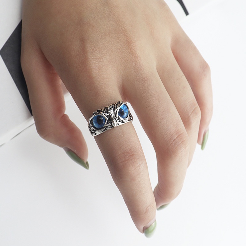 Cincin Model Terbuka Adjustable Desain Burung Hantu Mata Kucing Warna-Warni Gaya Vintage Untuk Pria Dan Wanita