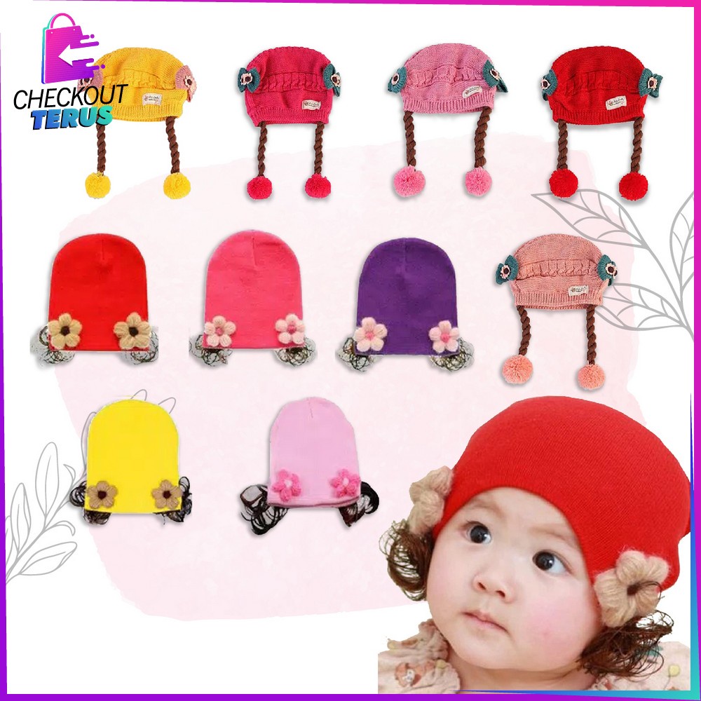 CT P19-21 Topi Anak Perempuan Rambut Kepang Topi Kupluk Bayi Rajut Imut Lucu Bunny Hat Baby Hat Wig Impor Lucu