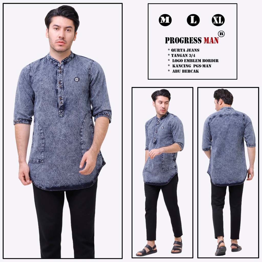 PROGRESS MAN baju koko jeans pria lengan tiga perempat koko kurta pangsi  kemeja koko denim pria lengan tiga perempat kurta pangsi jeans baju kurta denim dewasa logo bordir kancing ganda Biru langit washing P4N9S505