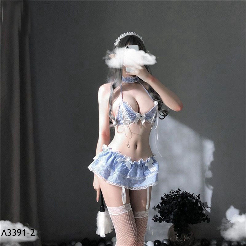 Set Lingerie Sexy  Nakal Pembantu Cosplay Seragam Rok Mini kotak-kotak dan Thong Stoking 3A391-2