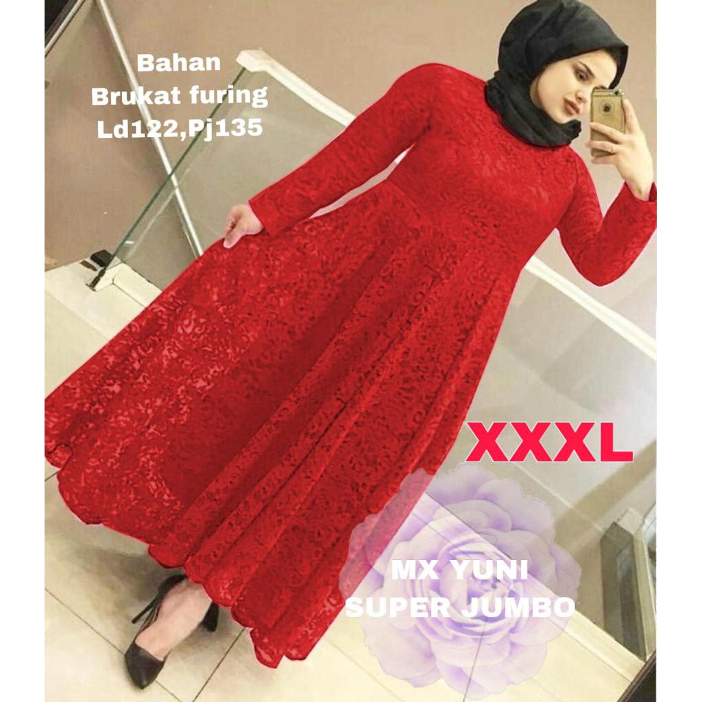 MX YUNI 3XL 4XL 5XL FULL BRUKAT ORIGINAL ASLI SUPER JUMBO /DRESS BRUKAT ASLI FULL / GAUN PESTA